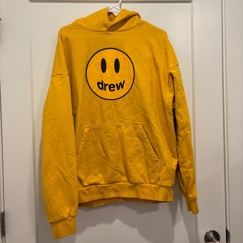 Drew House Secret Hoodie Yellow Mens Small Streetwear Pullover Sweatshirt